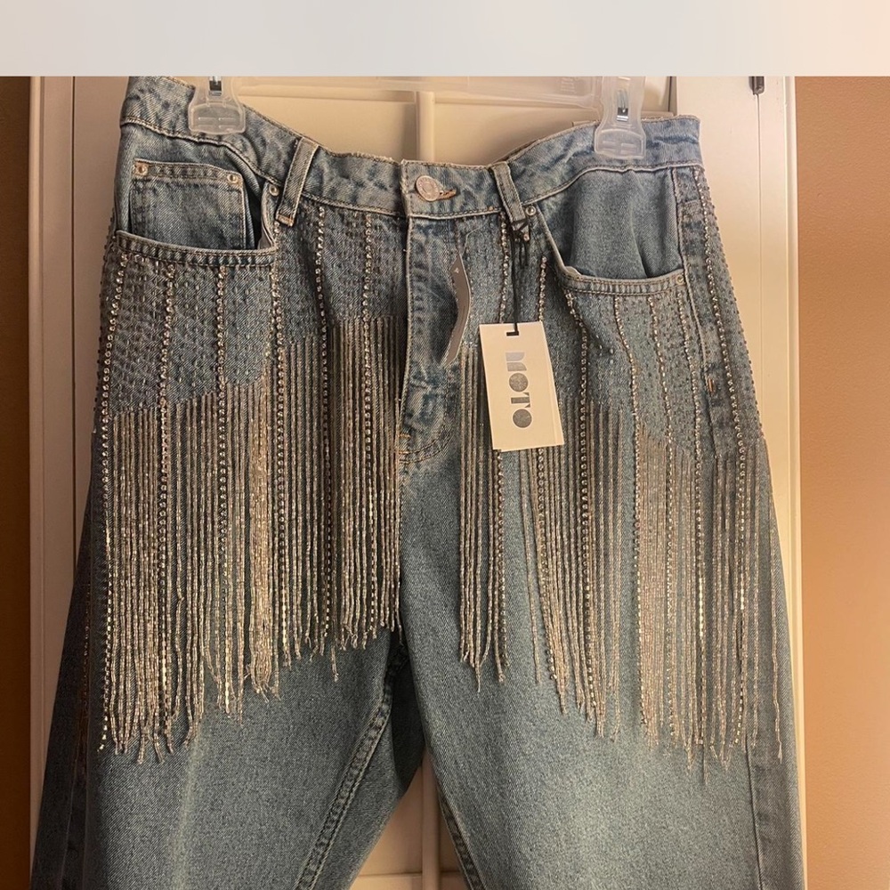 Topshop Blue Jeans with Silver Fringe